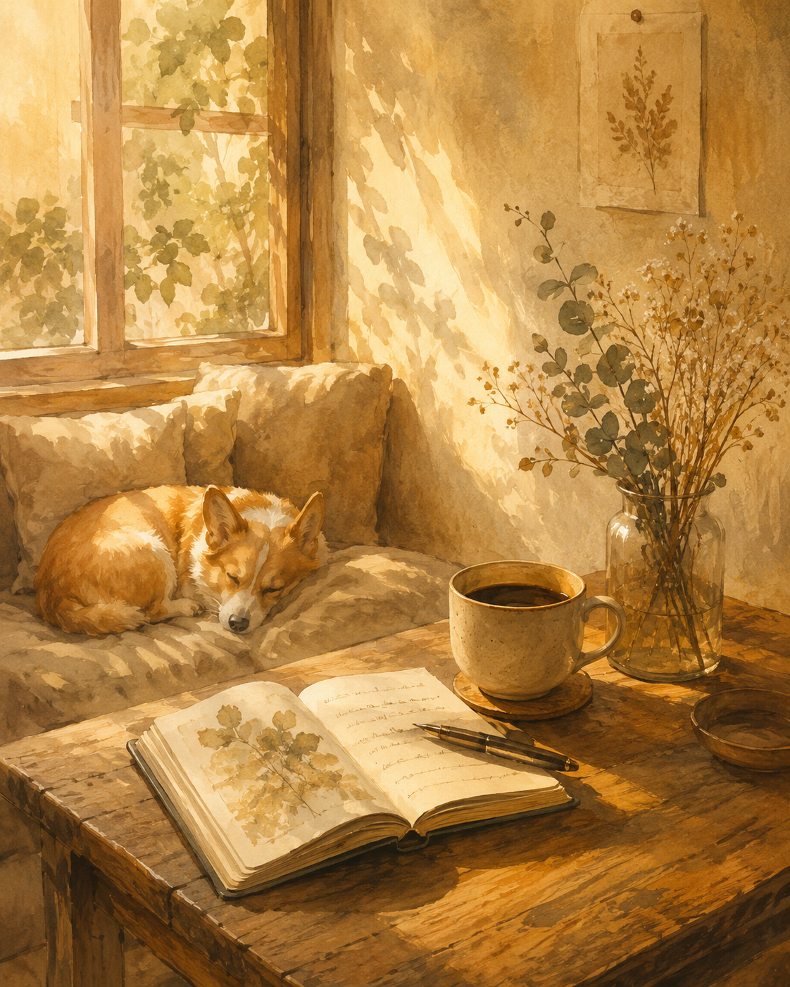 a quiet reading nook with basha, coffee, and an open journal